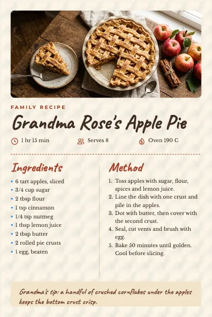 Grandma's Apple Pie Recipe Card
