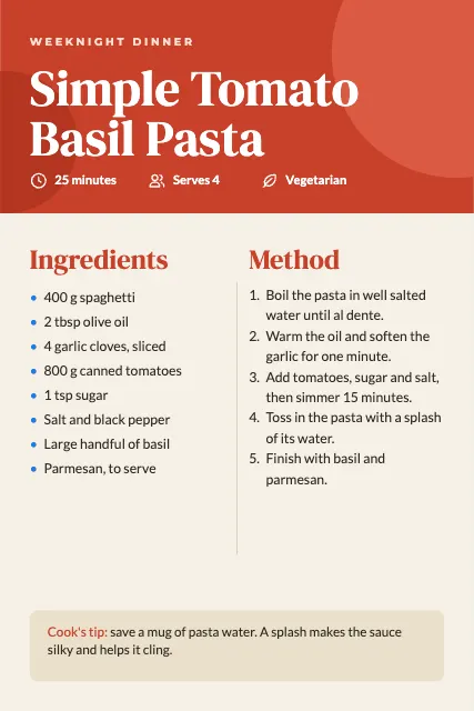 Weeknight Tomato Pasta Recipe Card