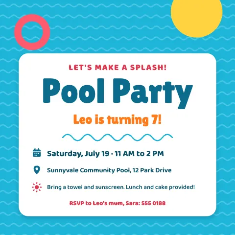 Kids Pool Party Invitation