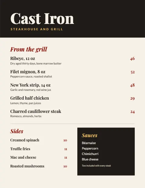 Cast Iron Steakhouse Dinner Menu