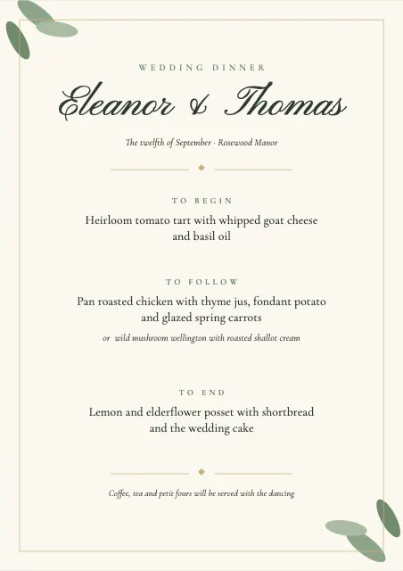 Evergreen Wedding Dinner Menu