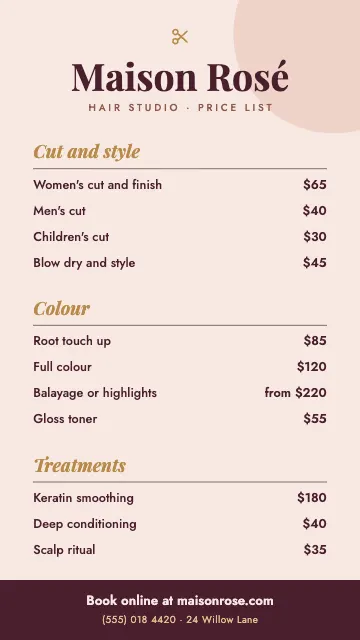 Hair Salon Price List