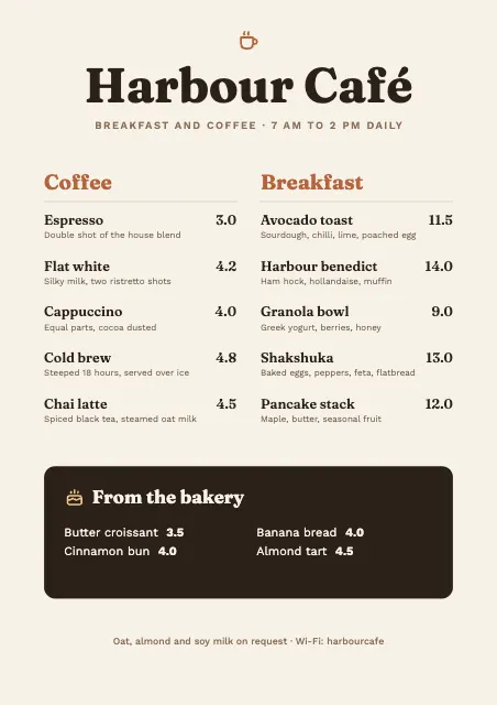 Harbour Café Menu