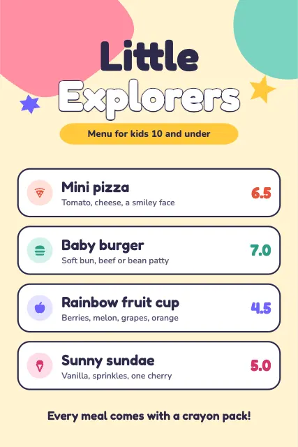 Little Explorers Kids Menu