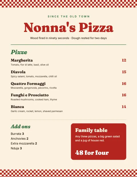 Nonna's Wood Fired Pizza Menu