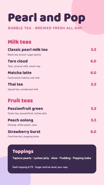 Pearl and Pop Bubble Tea Prices