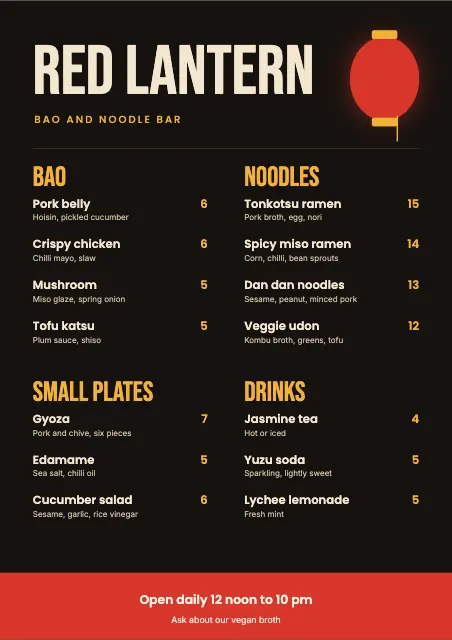 Red Lantern Noodle Bar Menu