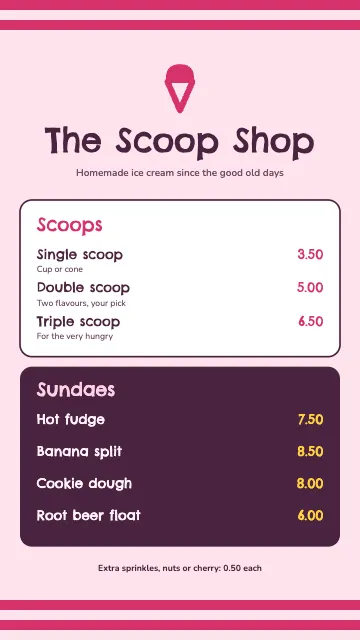 Scoop Shop Retro Price List