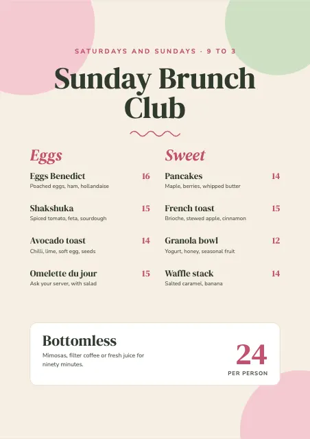 Sunday Brunch Club Menu