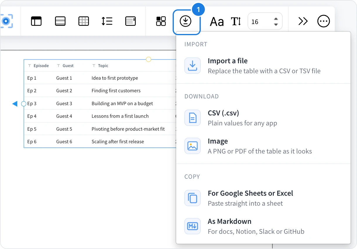 A table of episodes with its Import and export menu open