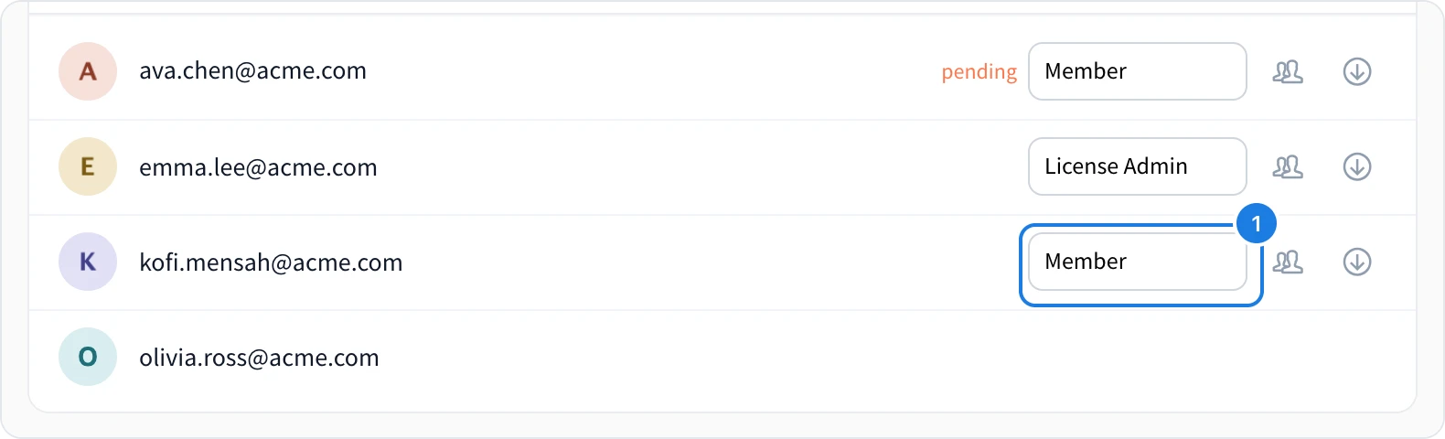 The role list in a teammate's row in User licenses