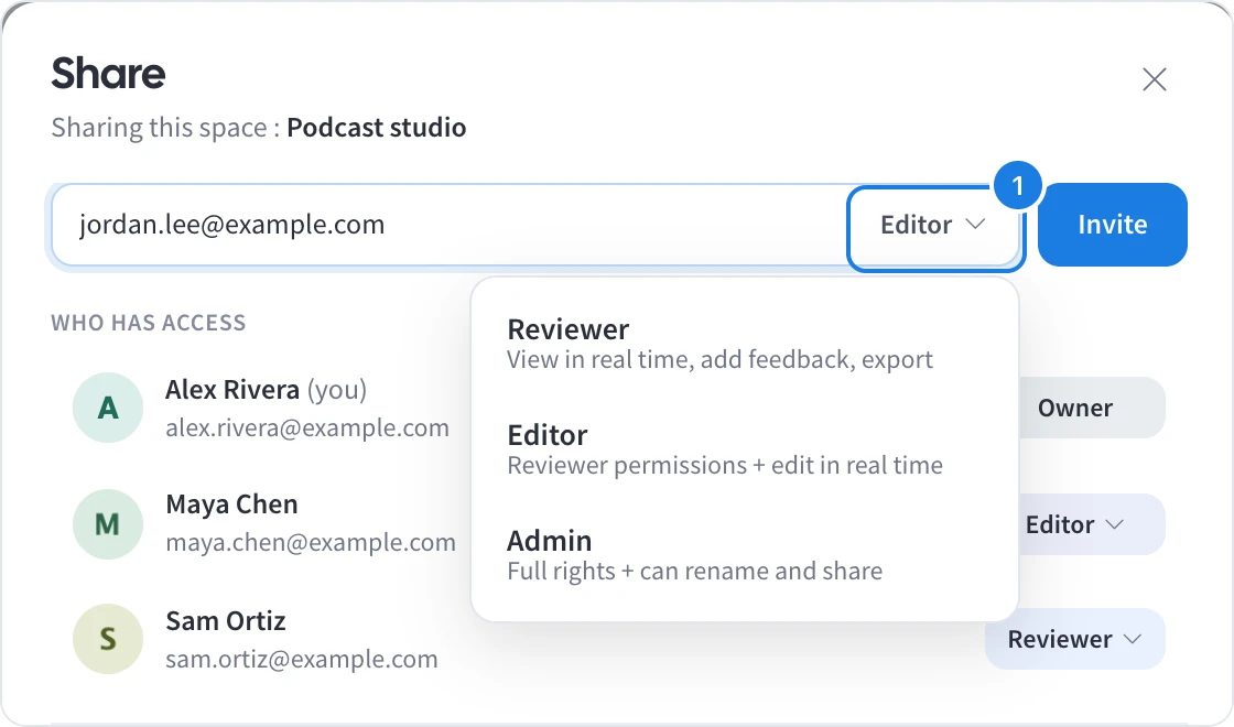 The role menu in the Share panel listing Reviewer, Editor and Admin