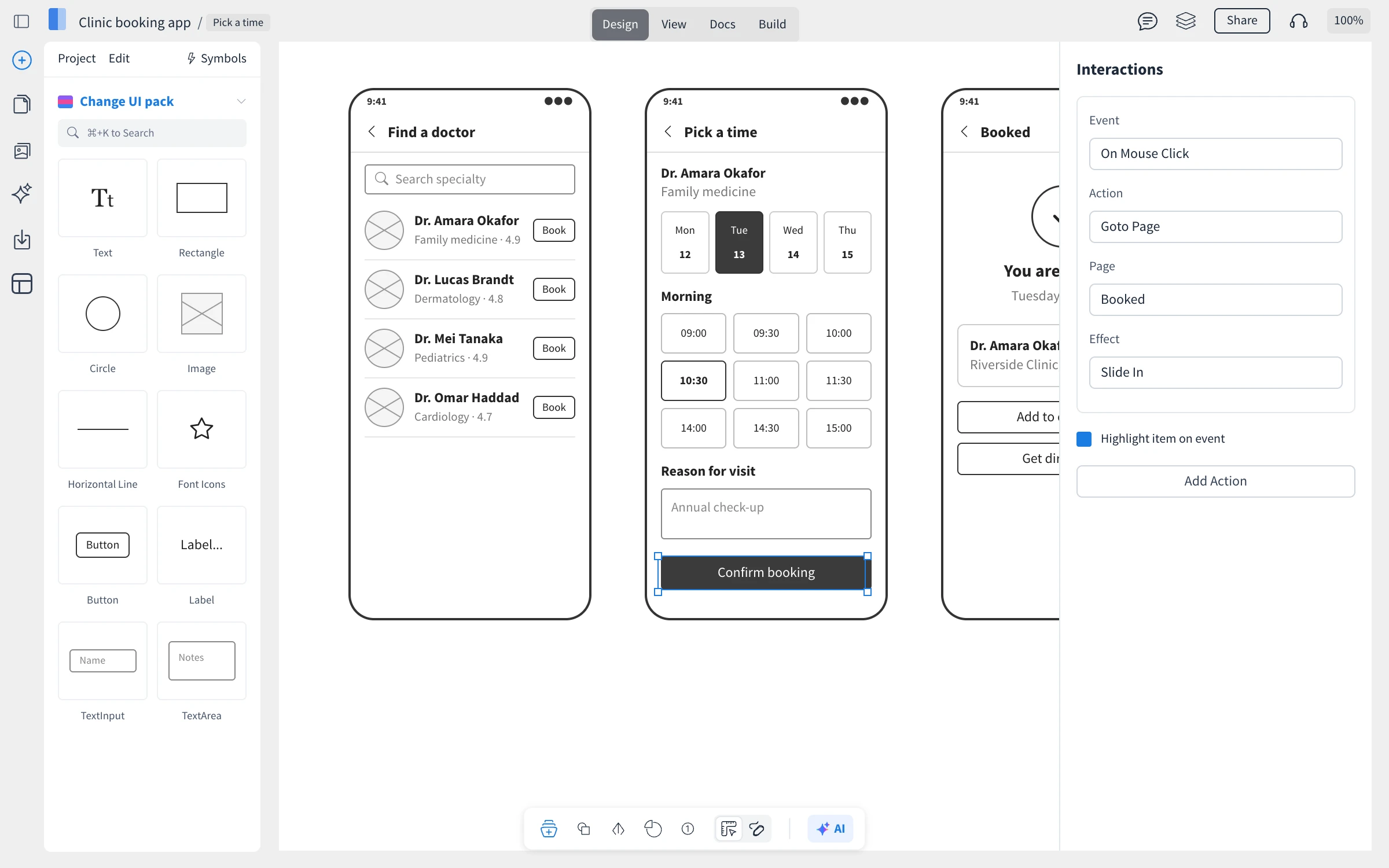 The Interactions panel for the Confirm booking button on a clinic app's Pick a time screen: On Mouse Click, Goto Page Booked, Slide In, with Highlight item on event and Add Action