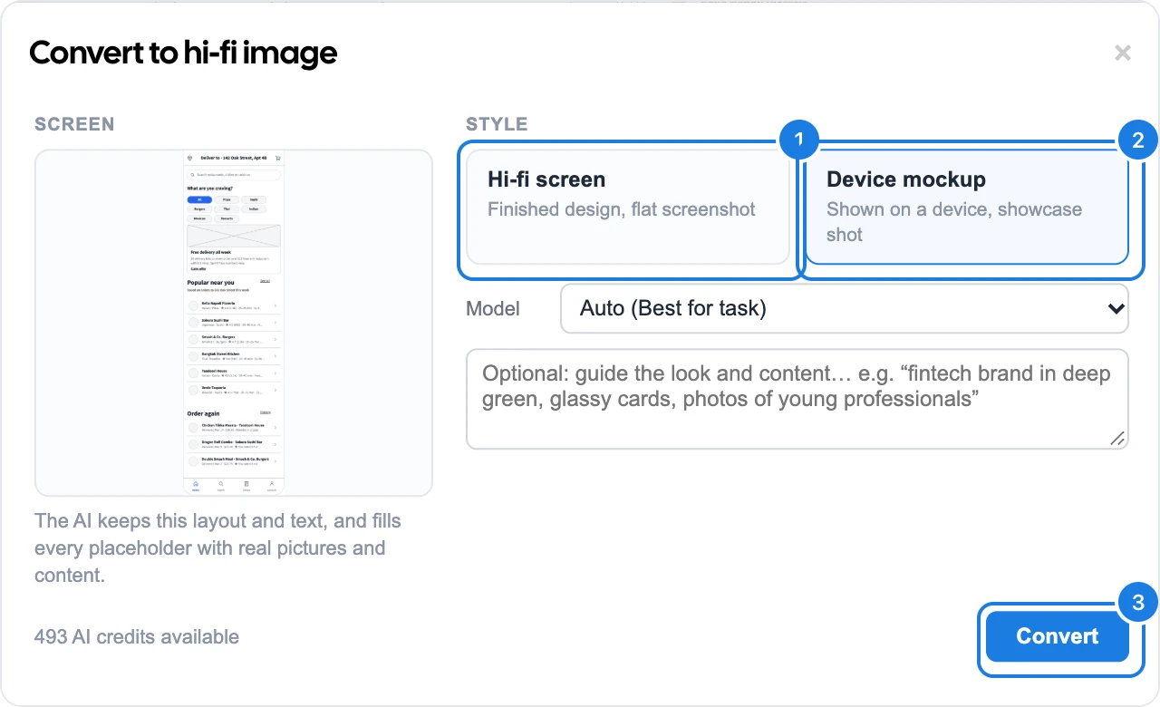 The Convert to hi-fi image dialog with Hi-fi screen, Device mockup and Convert numbered