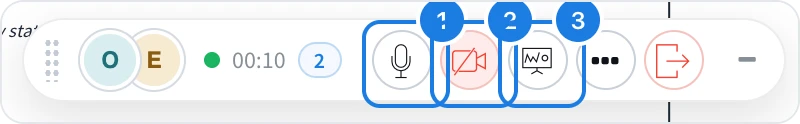 The meeting bar with the microphone, camera and screen share marked
