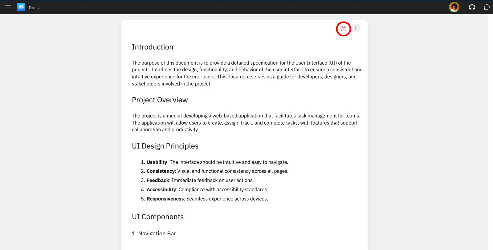 Navigate to the table of contents drop in the Docs.