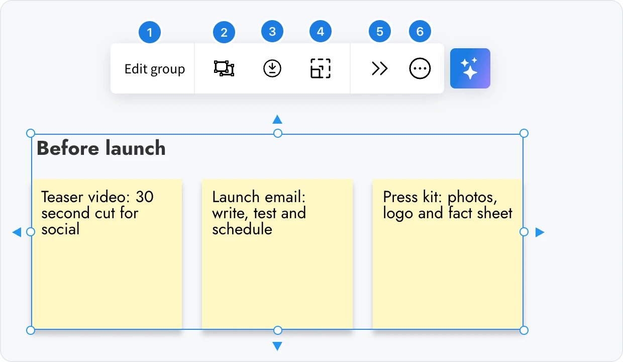 A selected group with its toolbar, each button numbered from 1 to 6
