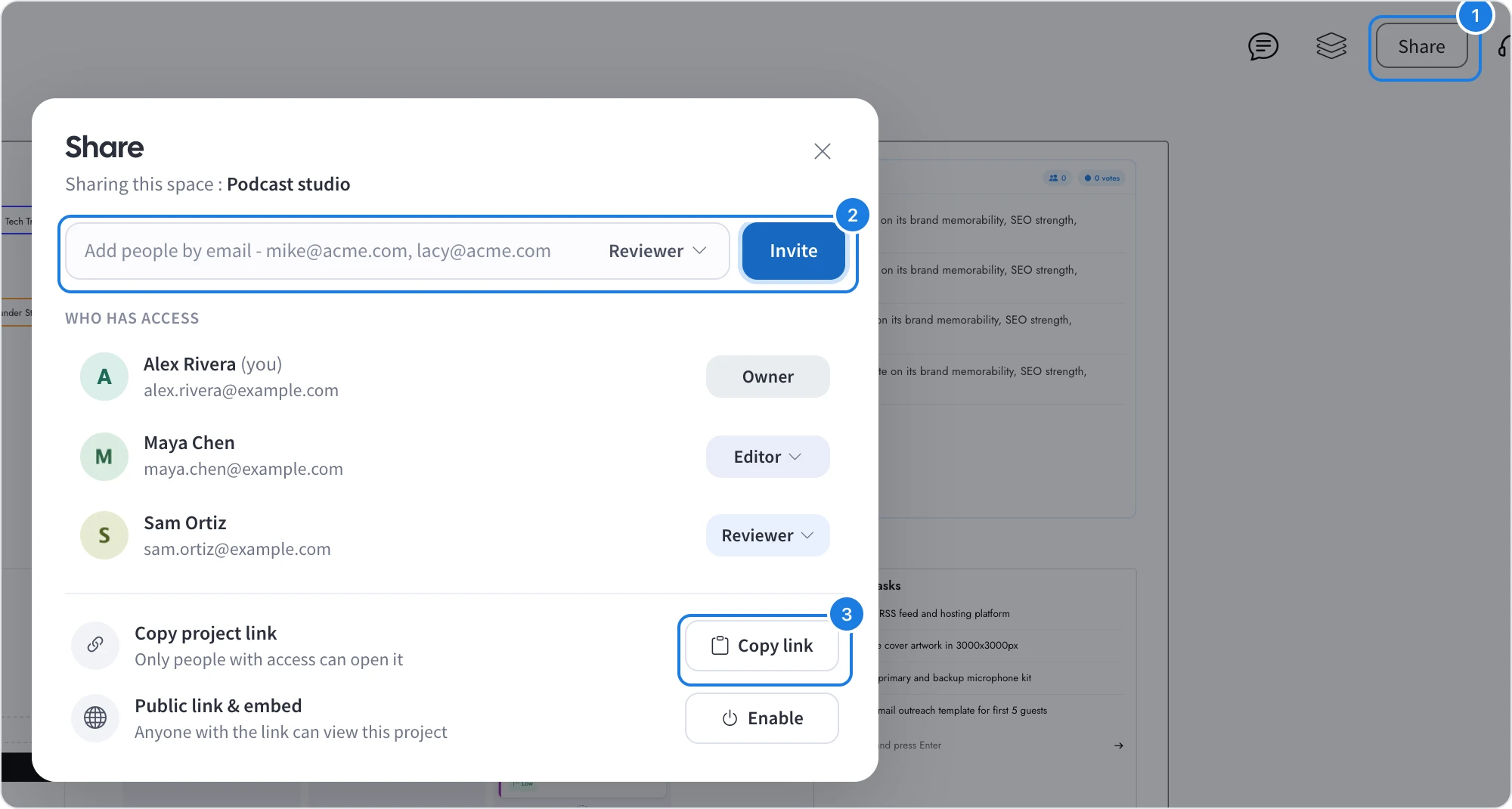 The Share panel with the Share button, the invite field and Copy link numbered