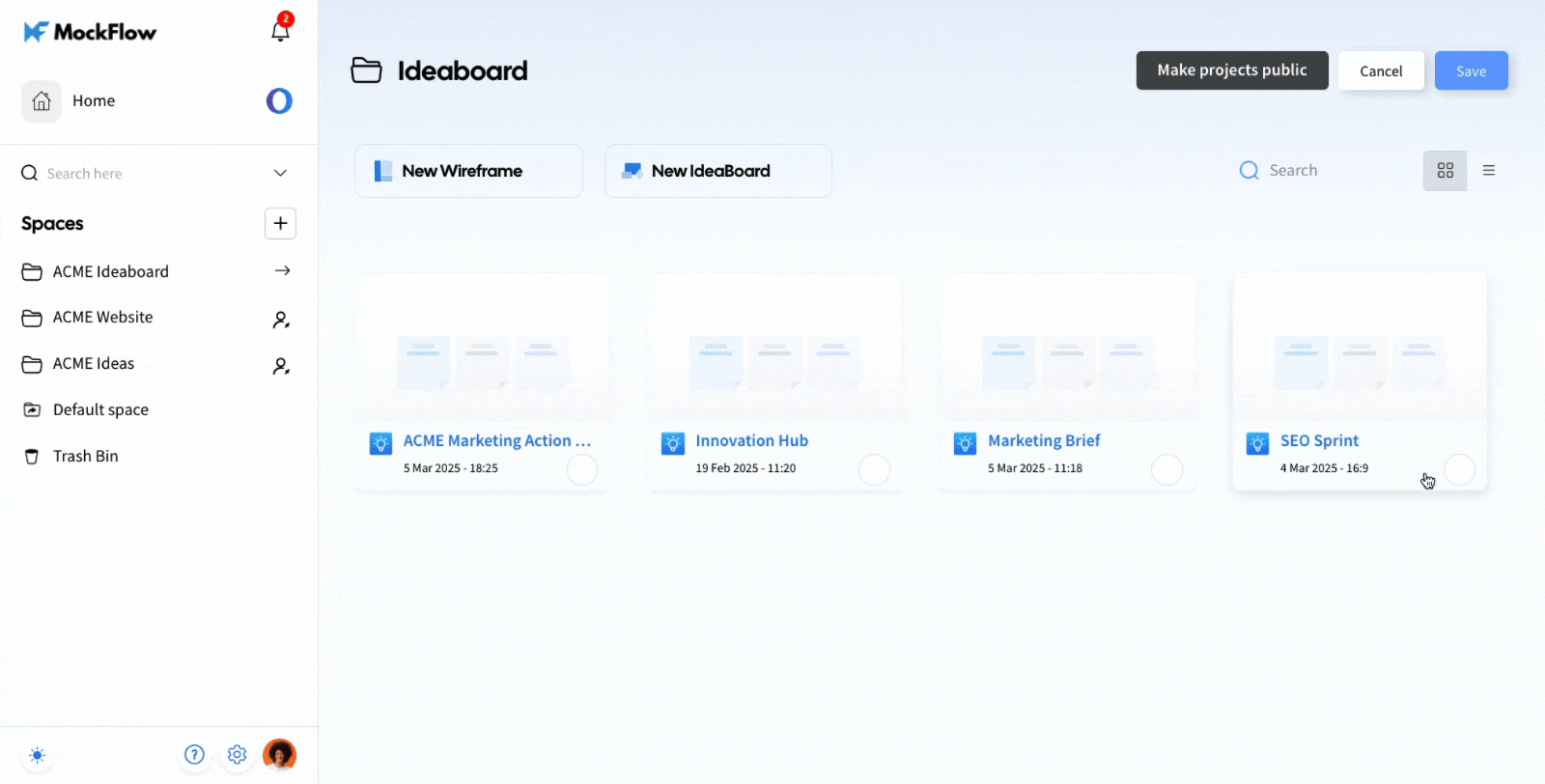 Choosing the projects to be displayed - Create public link in MockFlow IdeaBoard