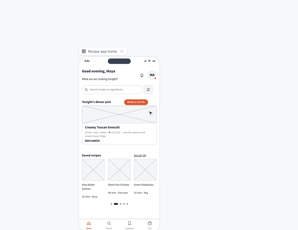 Choosing Create new screen on a recipe app home screen, typing Recipe detail with ingredients and steps, and a matching recipe detail screen appearing beside it