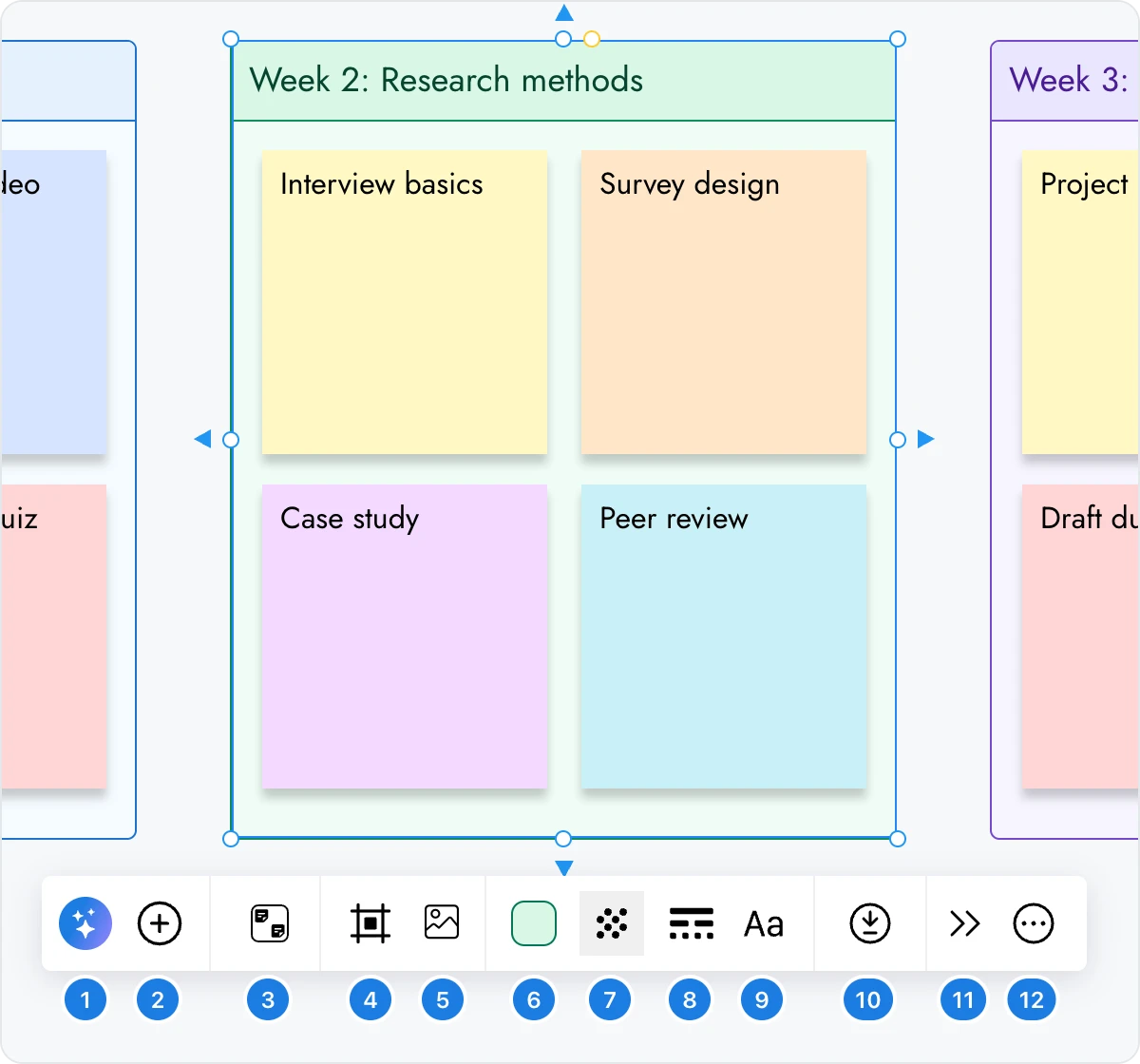 A selected section with its toolbar, each button numbered from 1 to 12