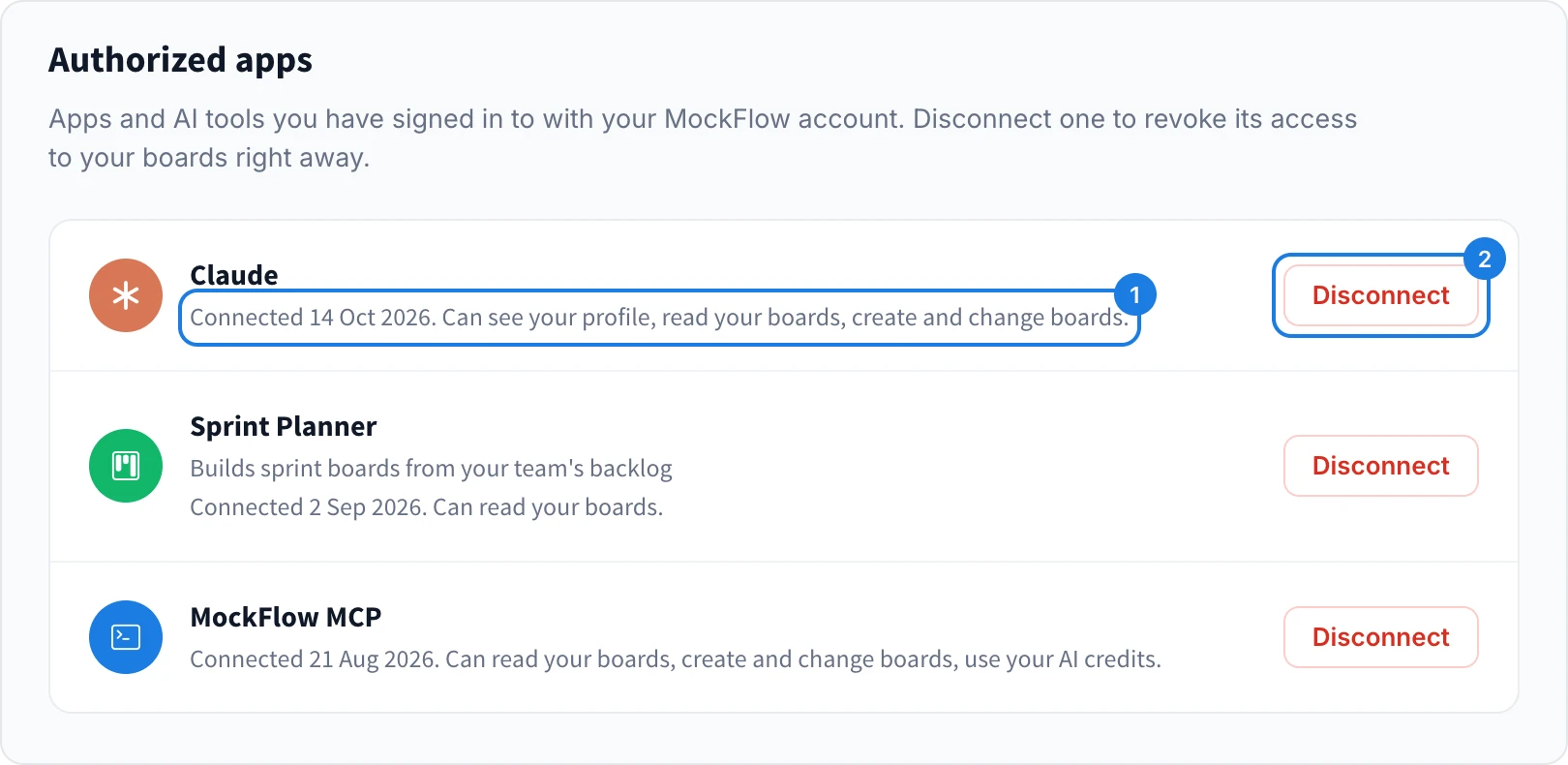 Authorized apps in account settings, with an app's access and its Disconnect button numbered