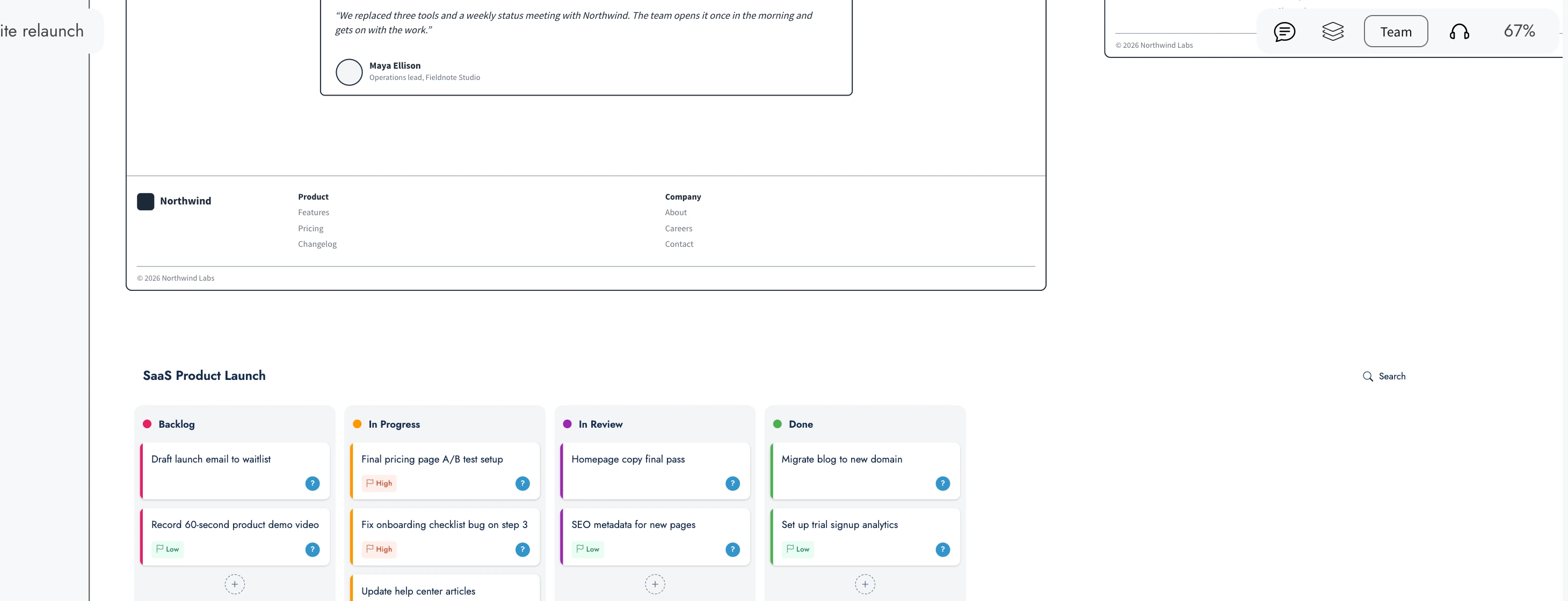 Olivia's named cursor moving to a launch kanban and dragging a card from In Progress to In Review, seen live from a teammate's view, who then points at Team to see both people online