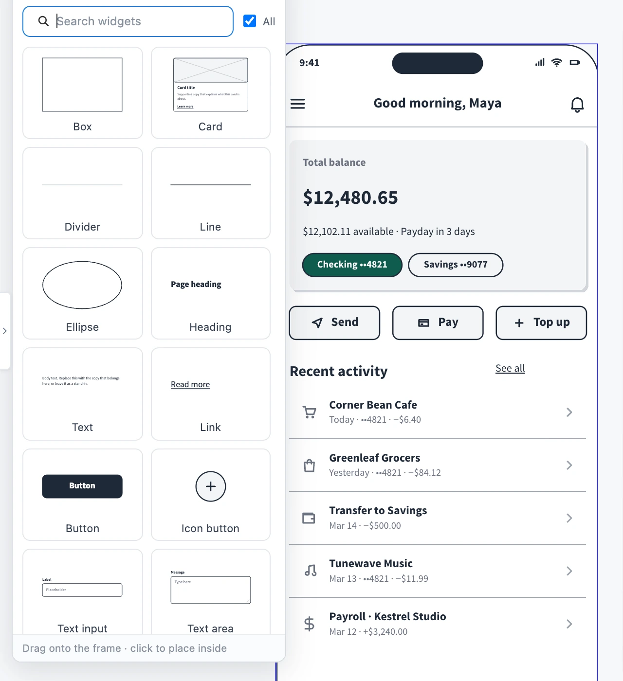 Dragging the Button widget from the widget library onto the bottom of a banking app home screen