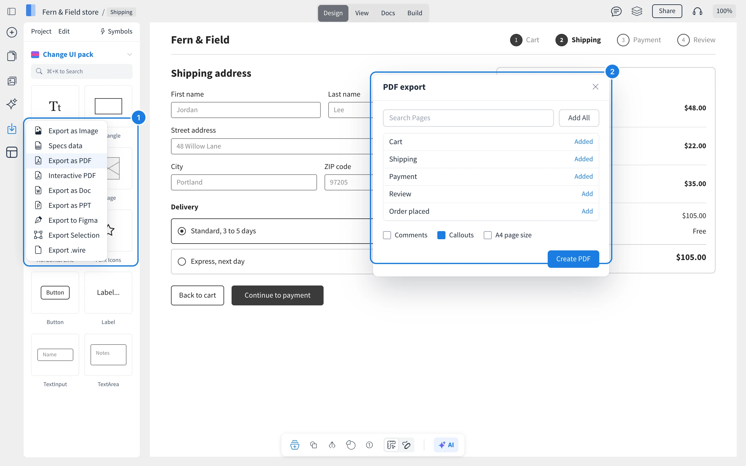 The Export menu on the left rail marked (1), and the PDF export window for the Fern & Field checkout (2) with Cart, Shipping and Payment added, Callouts ticked and Create PDF