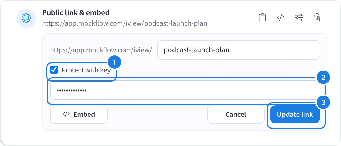 Link options with Protect with key ticked, a key typed and Update link numbered