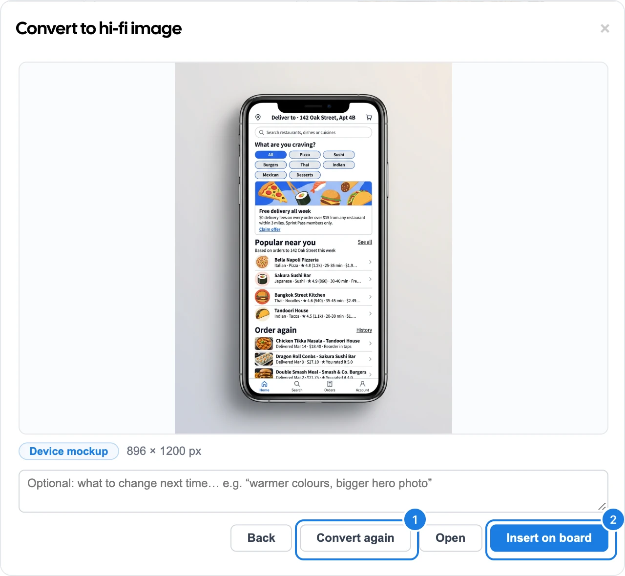 The finished device mockup in the dialog, with Convert again and Insert on board numbered