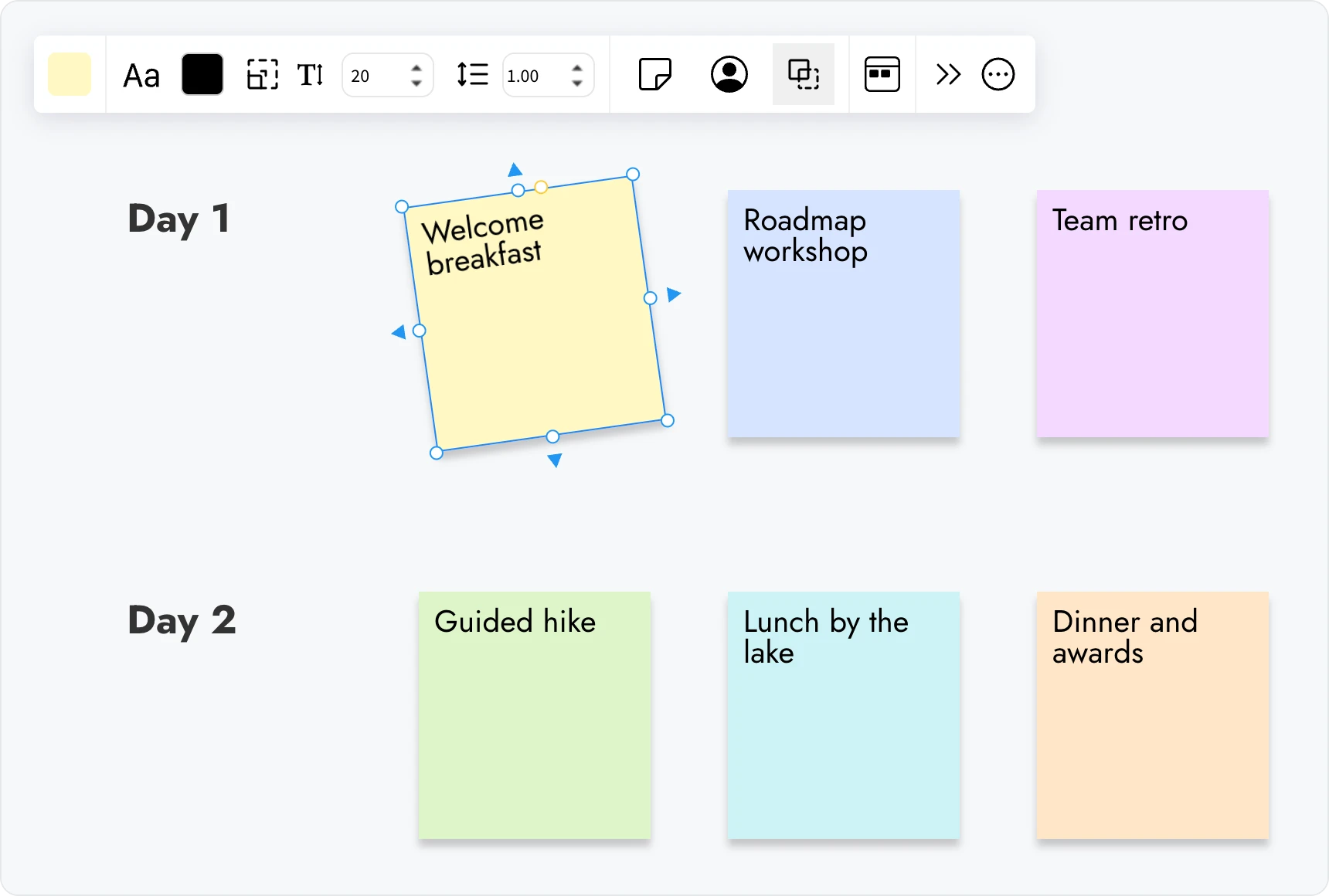 A team offsite plan board with sticky notes for Day 1 and Day 2. The Welcome breakfast note is selected and turned slightly, with its handles and toolbar showing