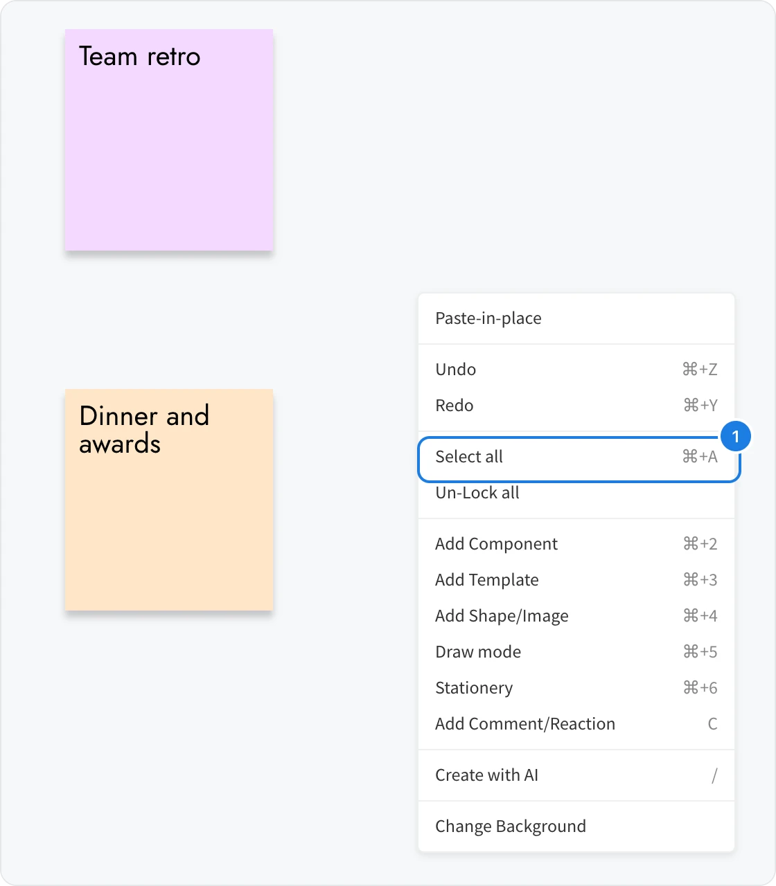 The menu that opens on a right-click on the empty canvas, with Select all numbered