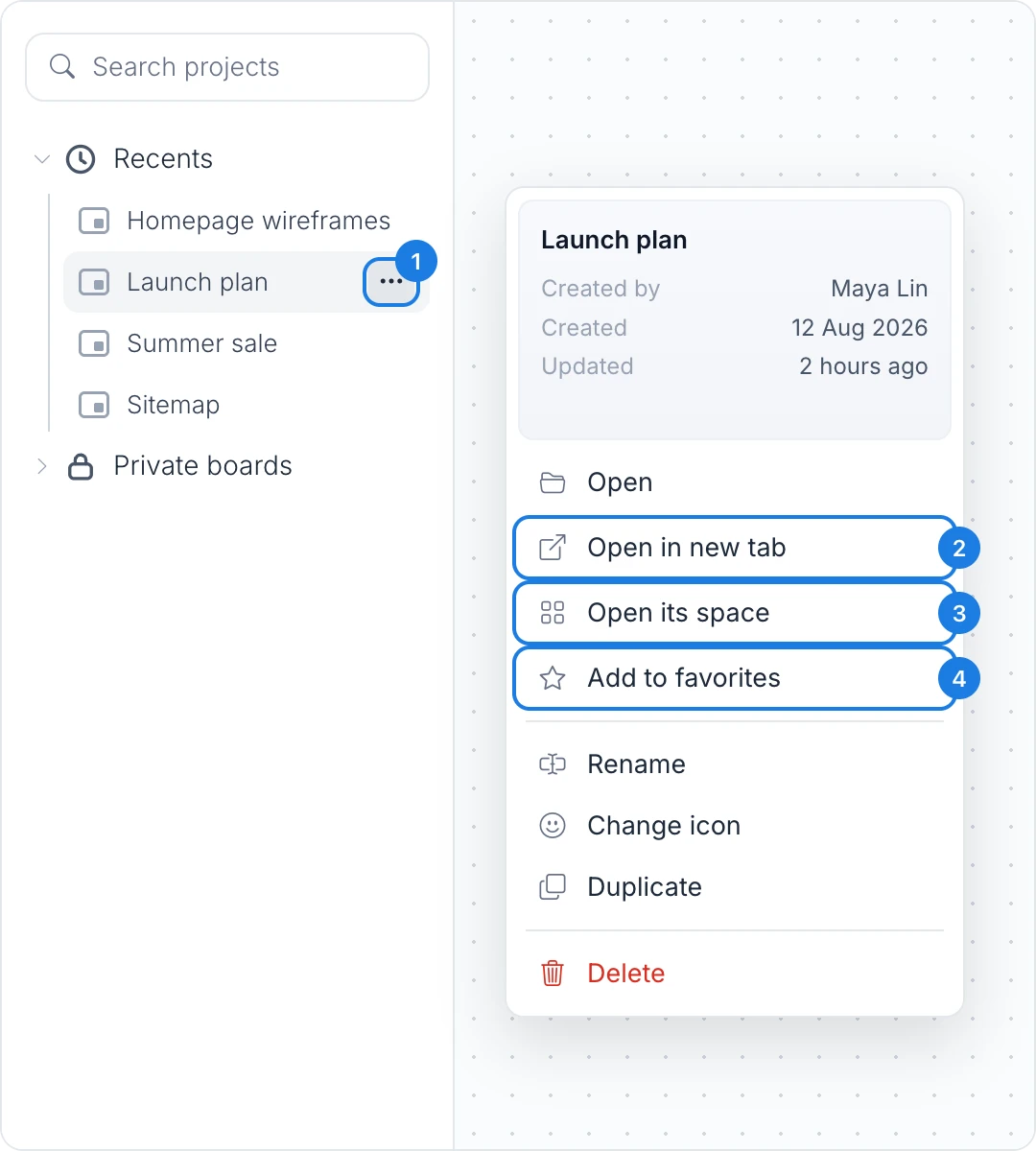 The More options menu of a board in Recents, with Open in new tab, Open its space and Add to favorites marked