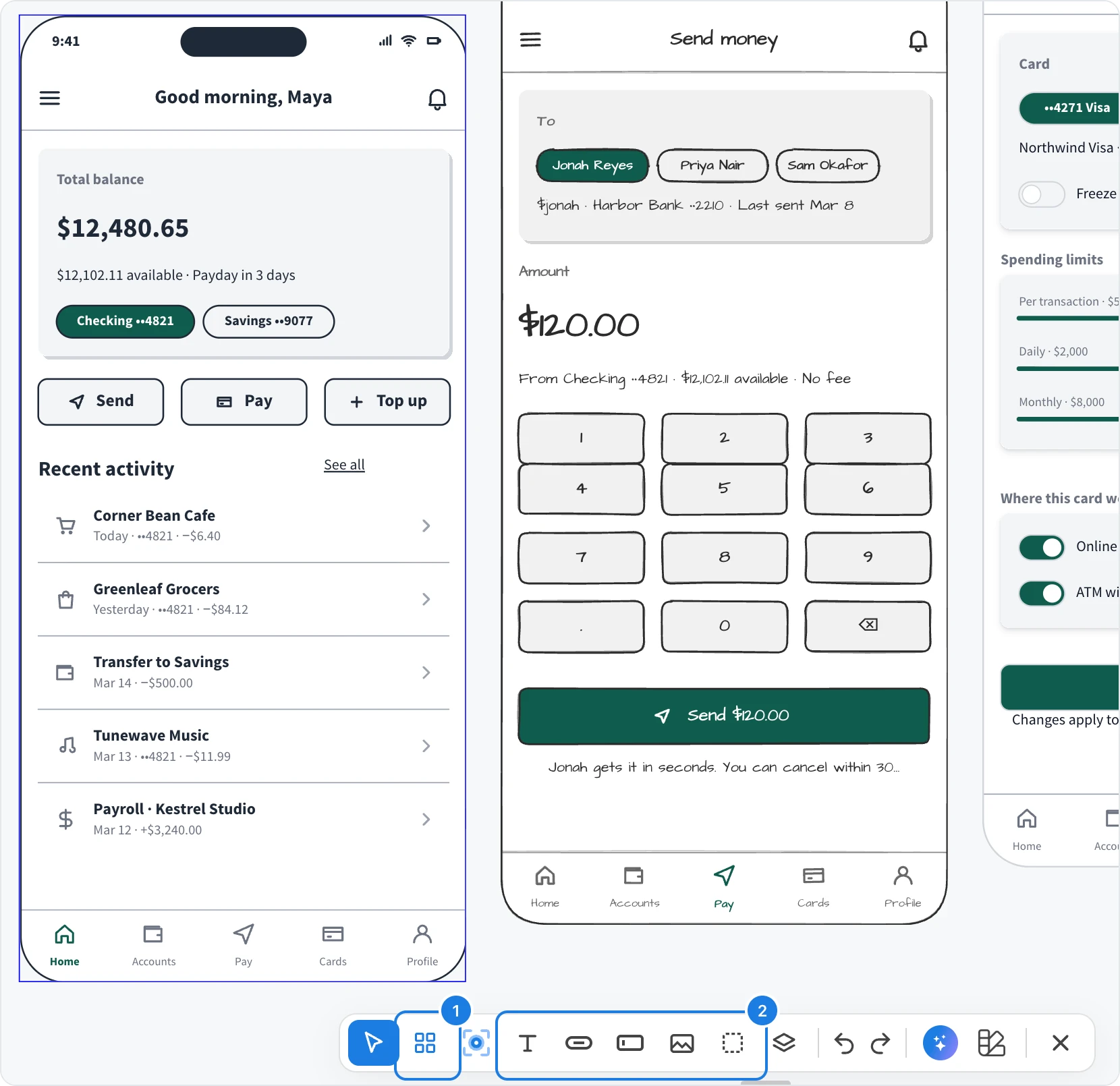 A banking app screen in edit mode with the wireframe toolbar at the bottom, with Widget library and the quick widget tools numbered