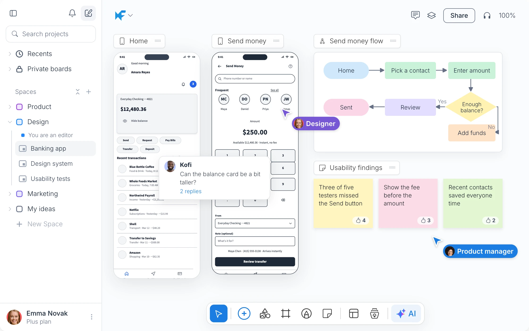 A MockFlow board with app wireframes, a flowchart, sticky notes and a comment, open in a shared team space