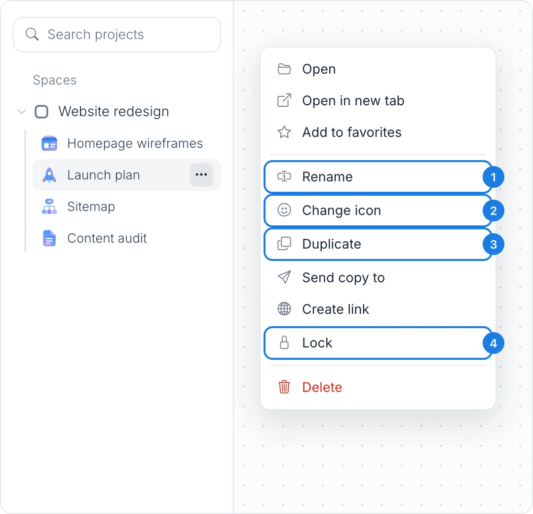 The More options menu of a board in a space, with Rename, Change icon, Duplicate and Lock marked