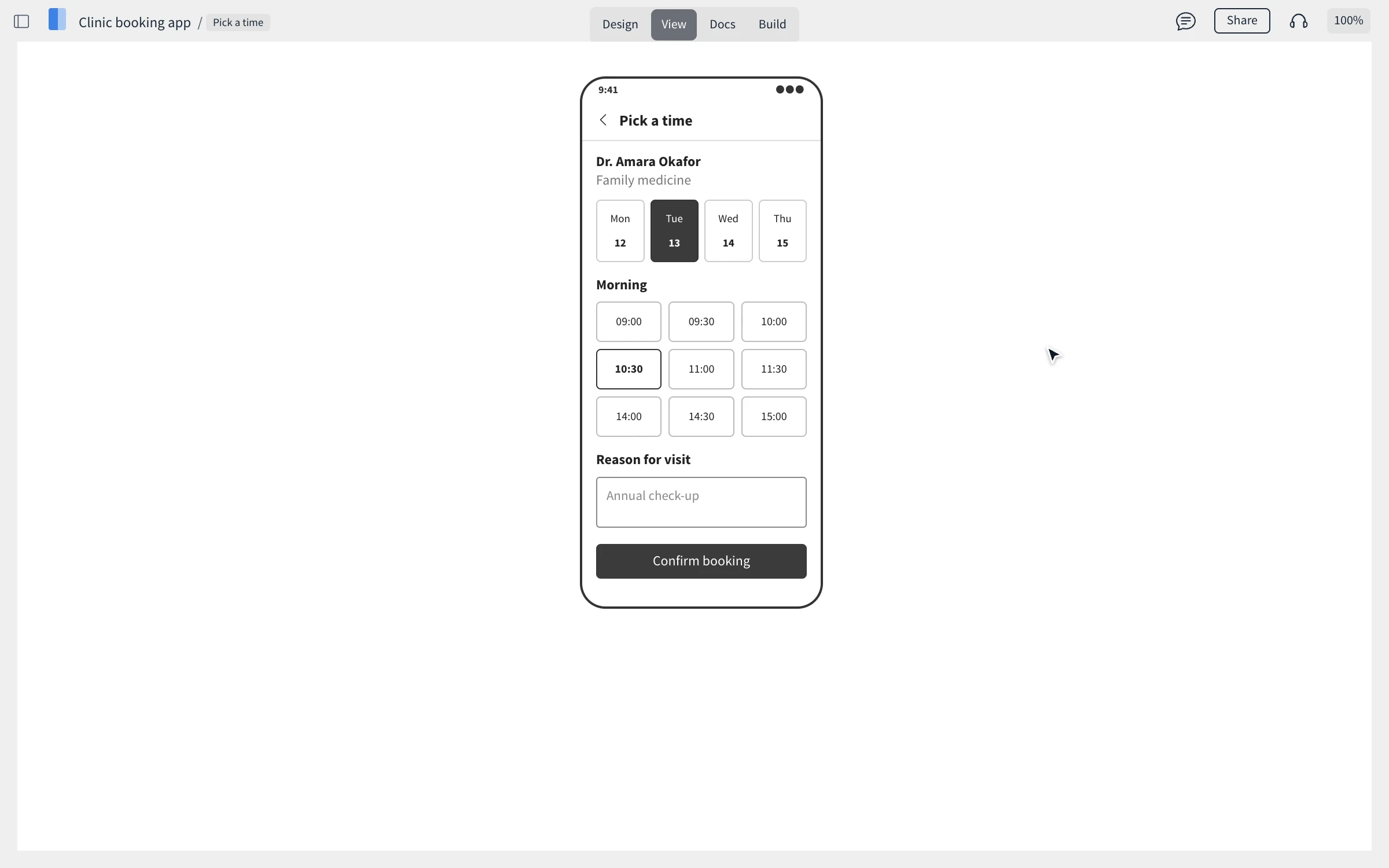 In View mode, pressing Shift highlights the Confirm booking link, and clicking it opens the Booked screen