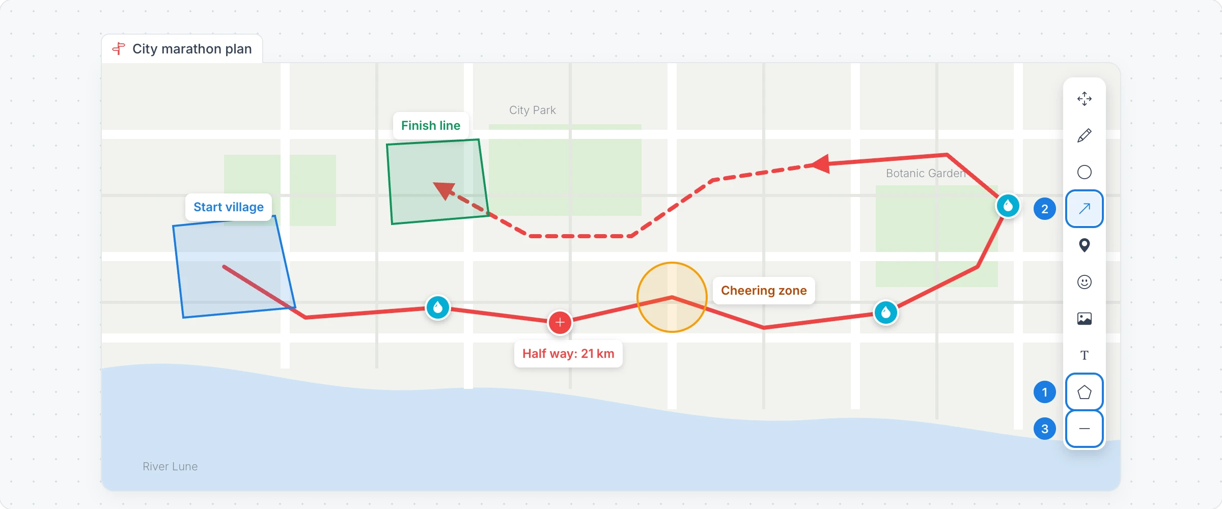 The strategy map's drawing tools beside the map, with numbered markers on Zone polygon, Arrow and Dashed lines