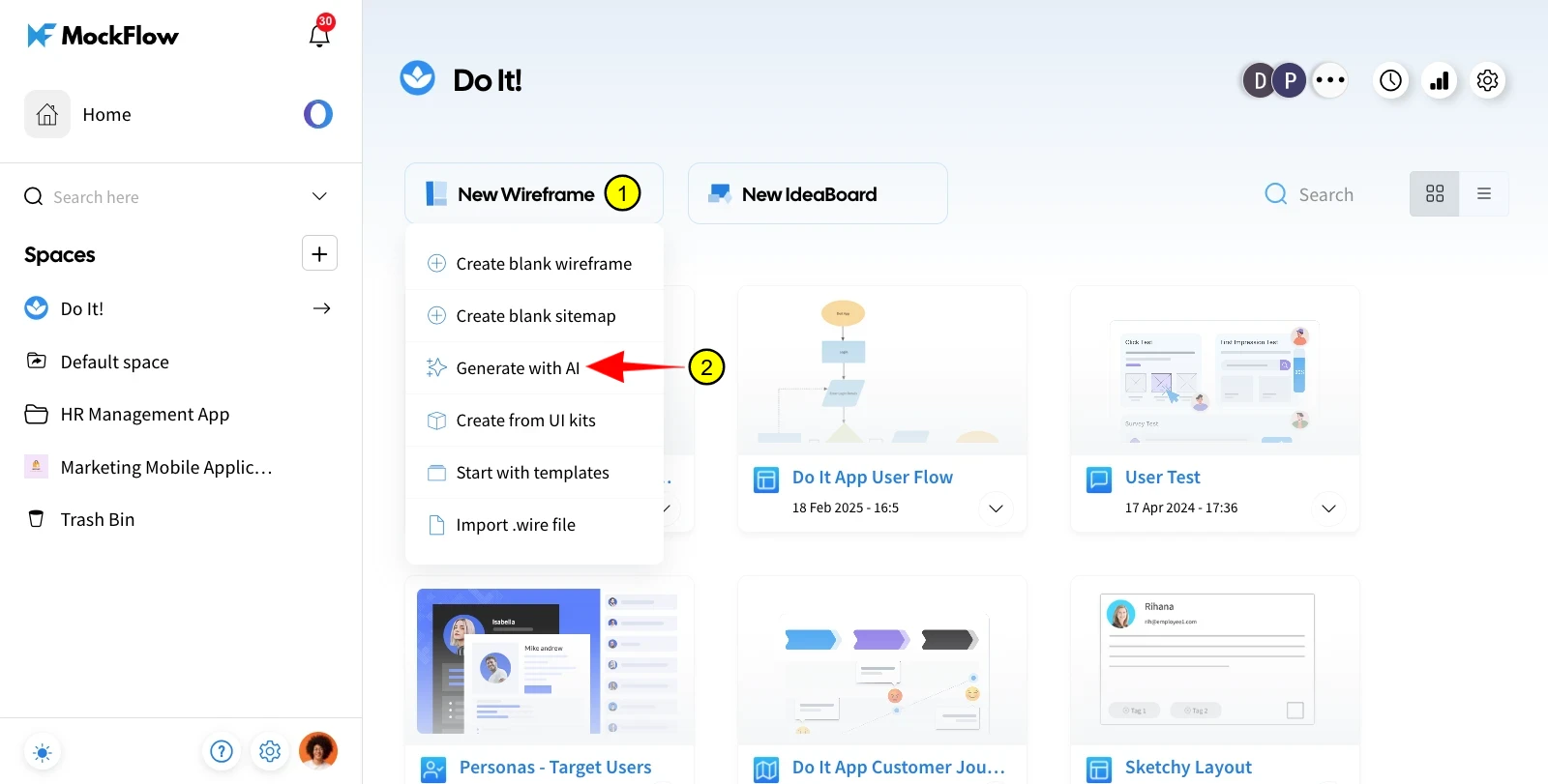 Navigate to New wireframe and generate the AI