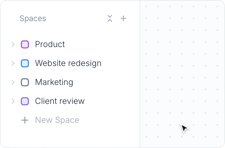 Dragging the Client review space from the bottom of the Spaces list to the top, with a blue line showing where it will drop