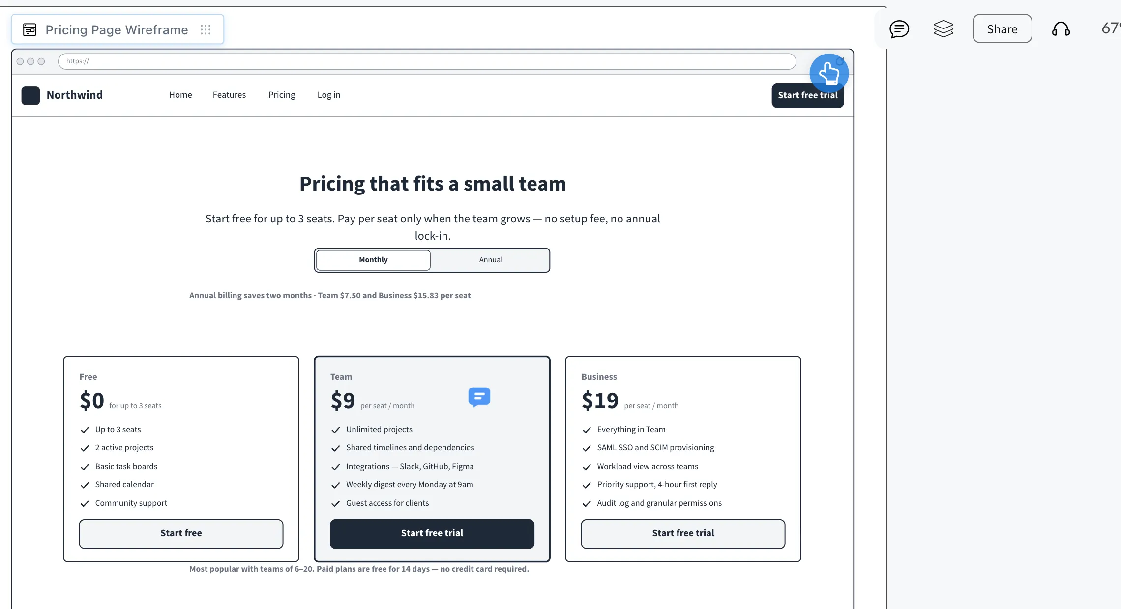 Dragging a Video comment onto the Business plan of a pricing page wireframe, recording, uploading the clip and playing it back from its pin