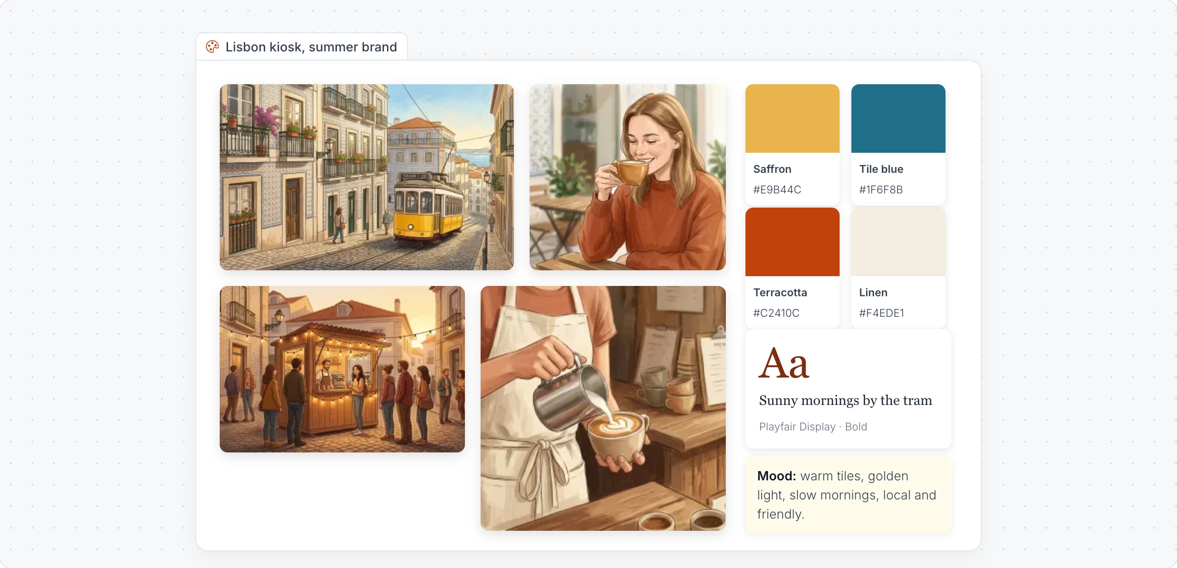 A moodboard for a Lisbon kiosk's summer brand with photos of tiled streets and the kiosk, four brand colors, a font preview and a note on the mood
