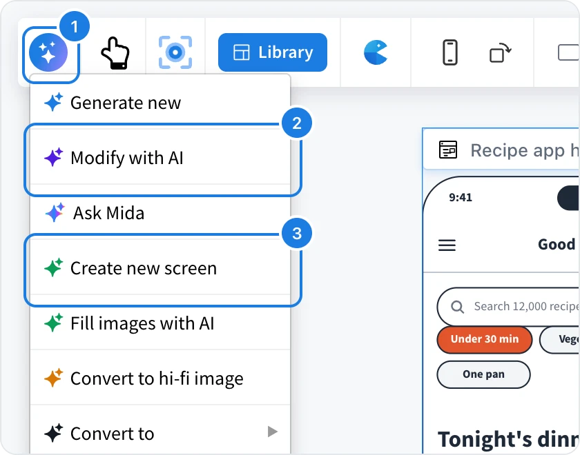The AI menu of a recipe app screen, with the AI button, Modify with AI and Create new screen numbered