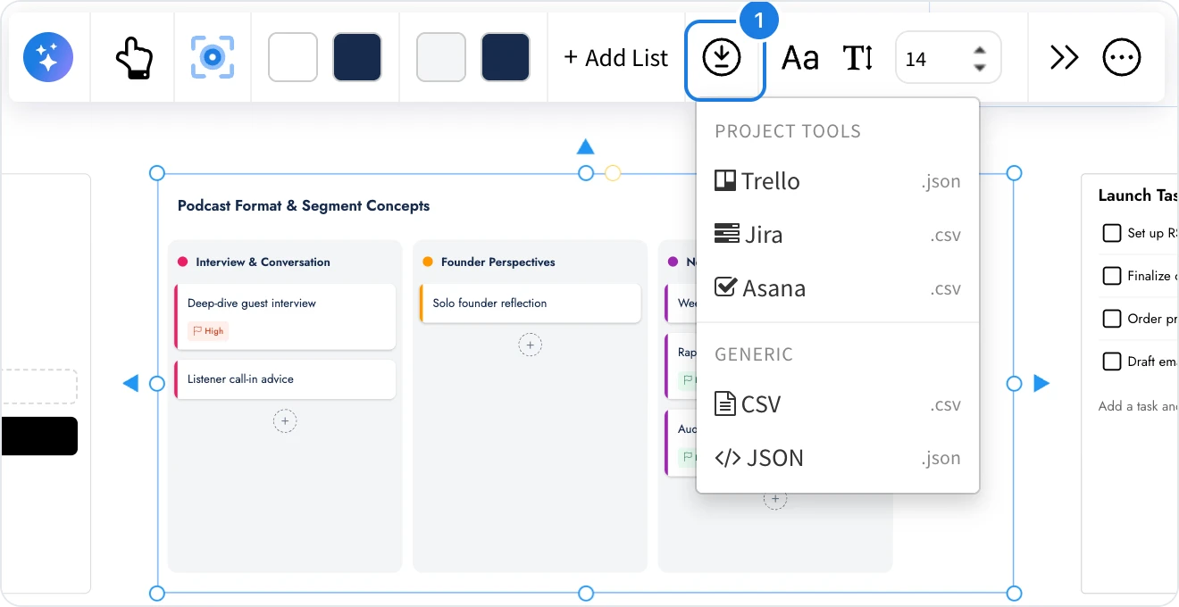 A kanban board's export menu with Trello, Jira, Asana, CSV and JSON