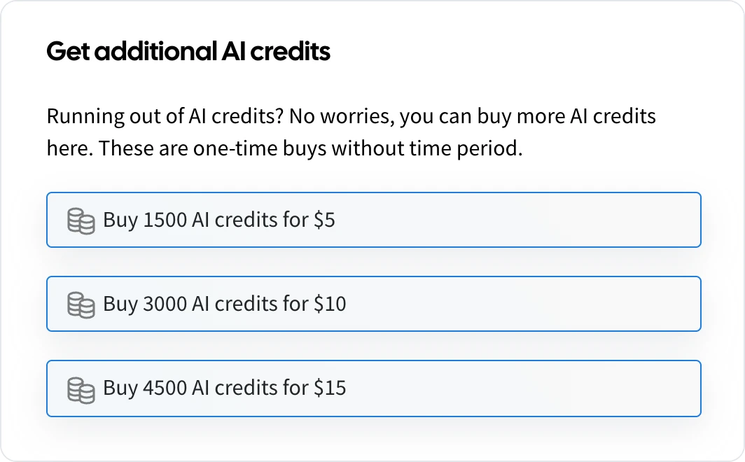 The Get additional AI credits dialog with three credit packs
