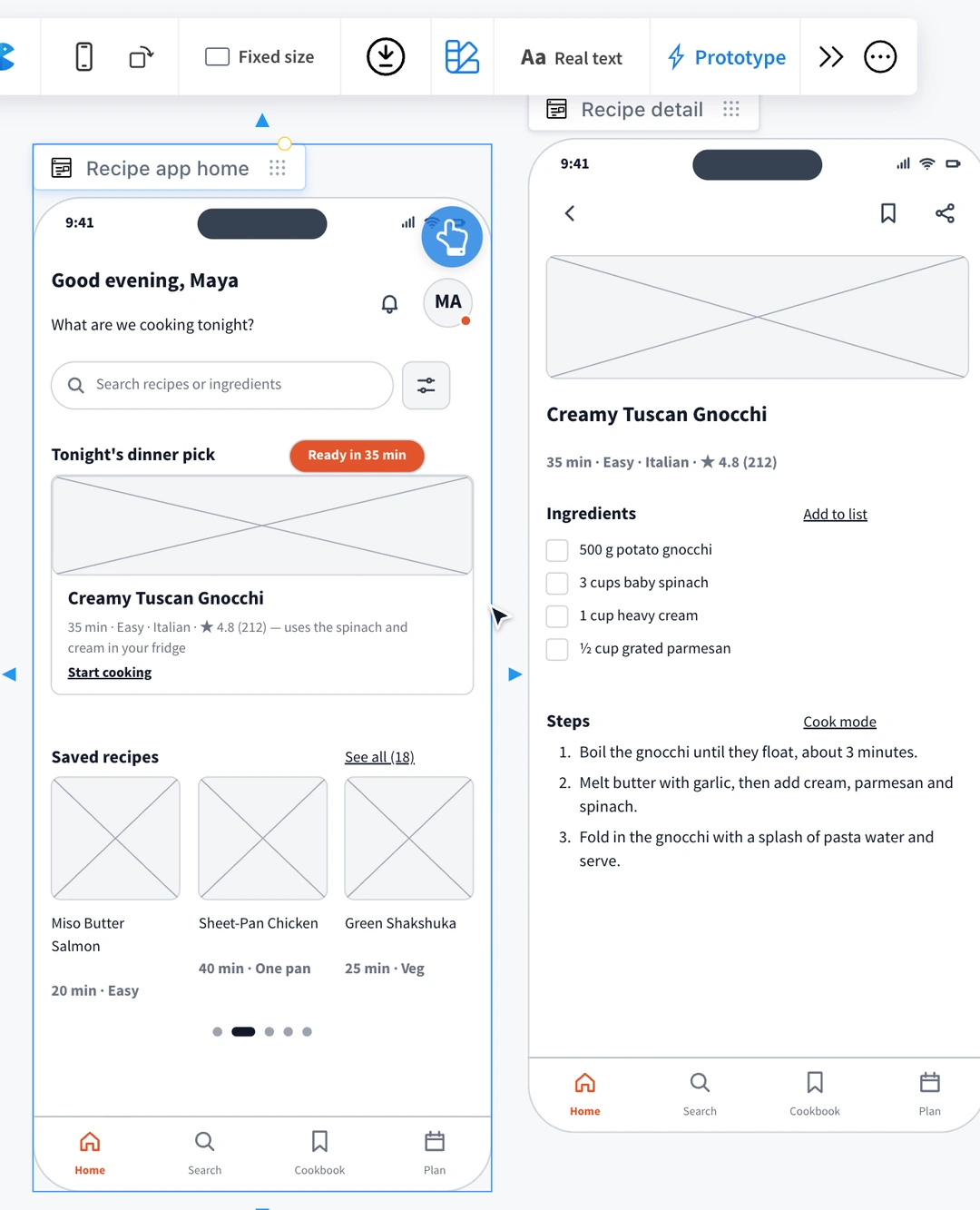 The same recipe app screen switching through the Hi-fi, Blueprint, Liquid glass, Fluent, Android, Sketchy and Outline styles from the Change style menu