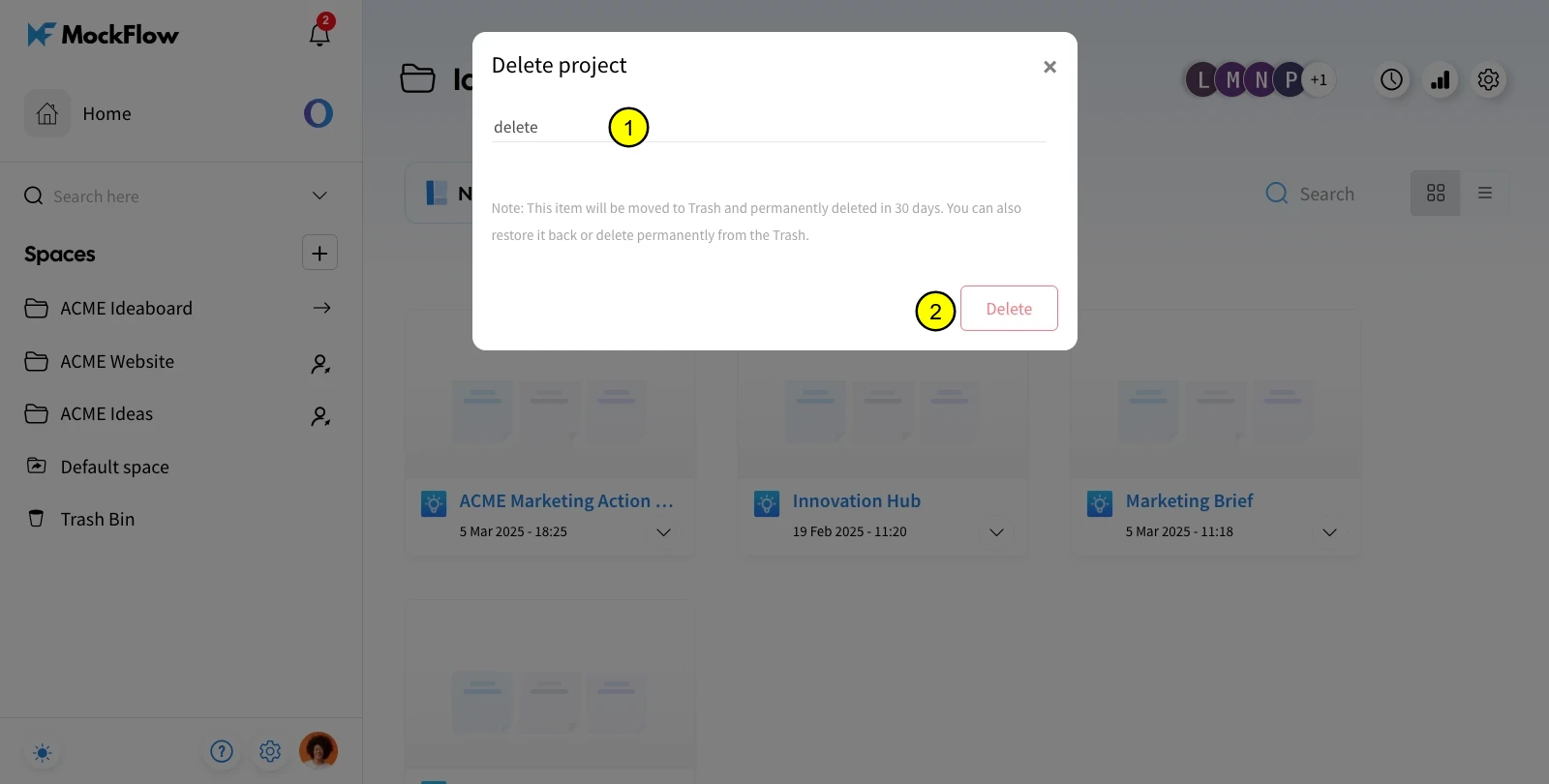 Type delete in the input field and confirm - Delete a Board