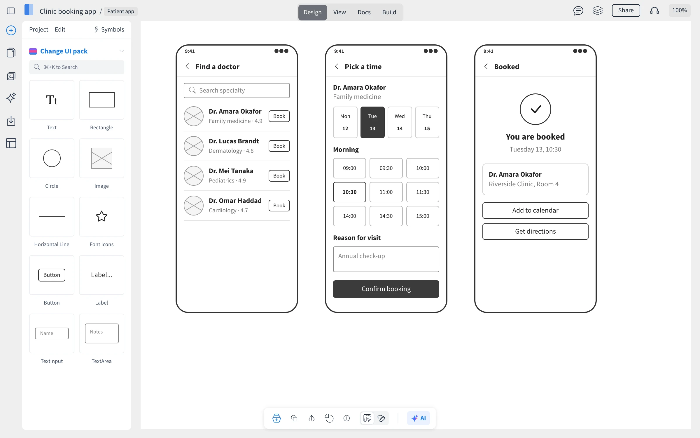 The Classic WireframePro editor with a three-screen clinic booking app: Find a doctor, Pick a time and Booked. The components panel with Change UI pack is on the left, the Design, View, Docs and Build tabs are at the top and the tool pill is at the bottom