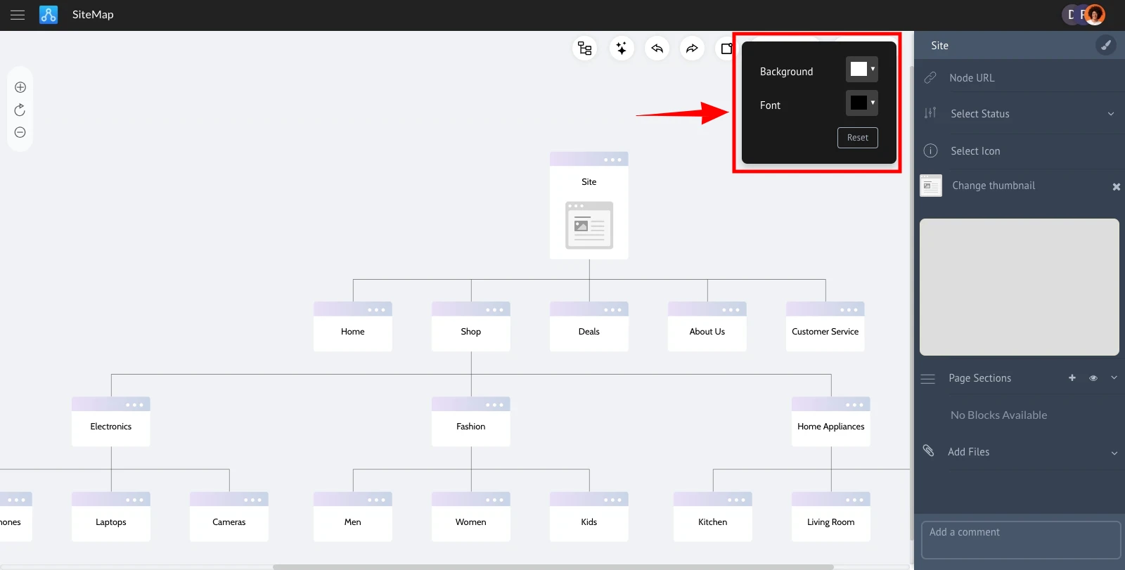 Background and font color settings - MockFlow Sitemap